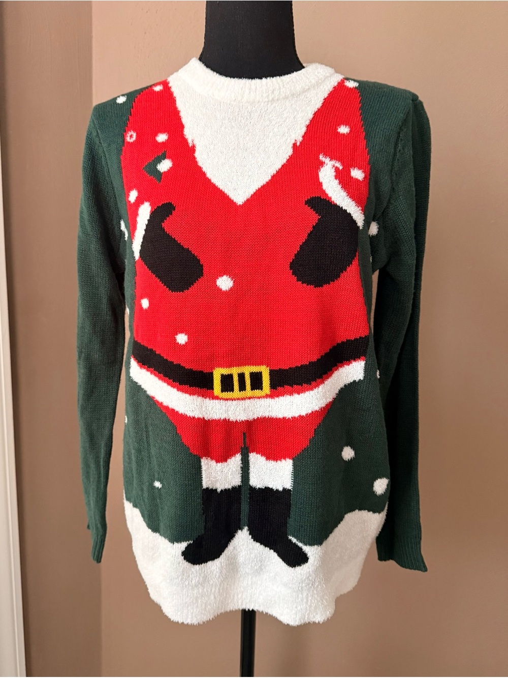 Poof! Holiday Green & Red Santa Graphic Crewneck Sweater Size Medium